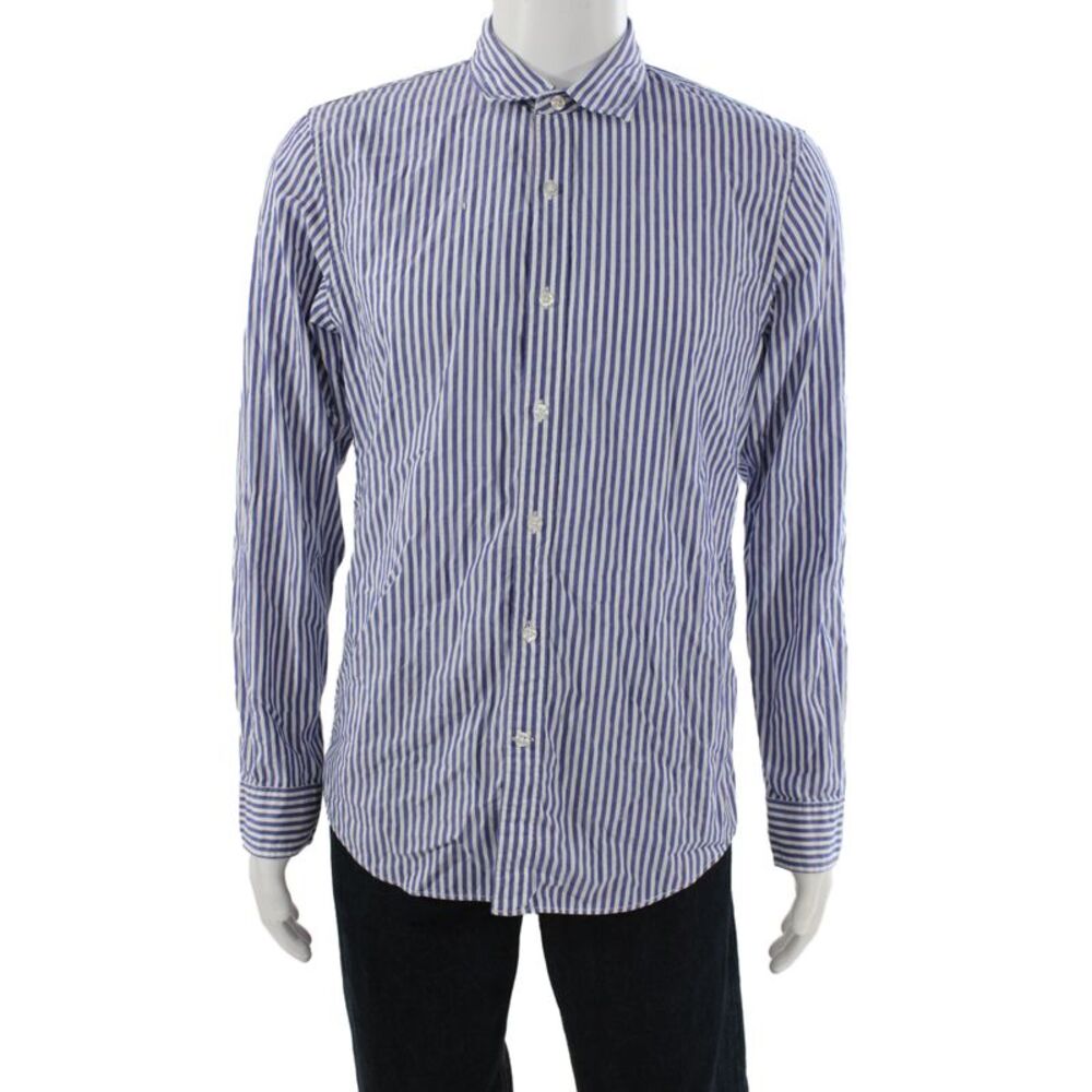Good Threads Mens Button Front Collared Striped Shirt Blue White Size Medium